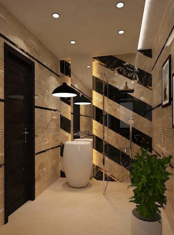 Modern Modular Kitchen with wooden cabinets and spotlights